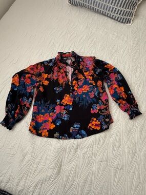MAEVE Floral V-Neck Blouse in Black with Pink, Orange & Blue Flowers